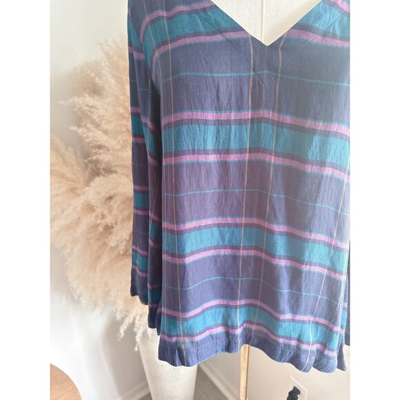 LOFT Blue Plaid Swing Top Size XS Flare Sleeve Cabincore - Picture 5 of 9